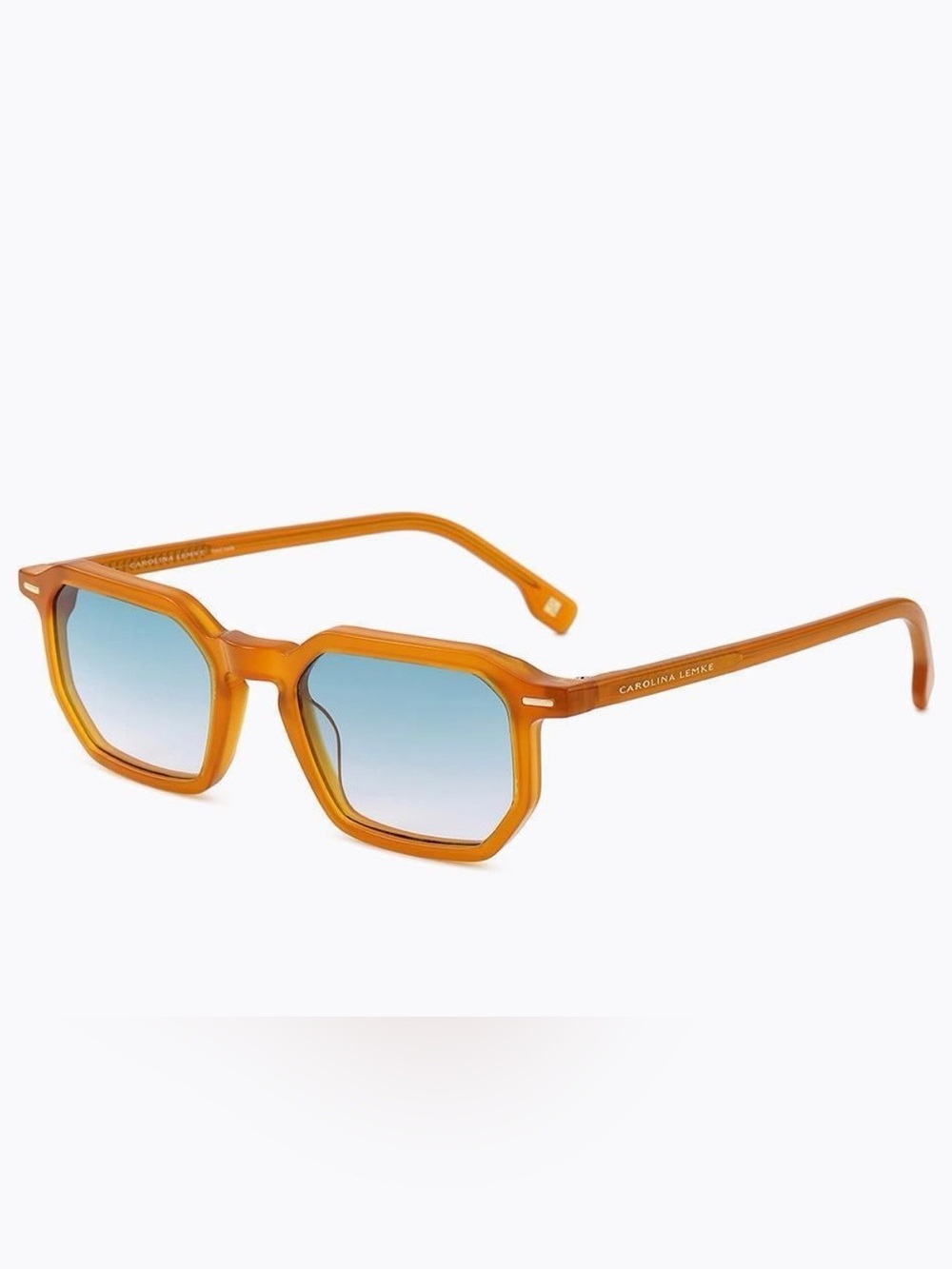$290 retail Caroline Lemke sunglasses orange/amber frame + blue lenses
